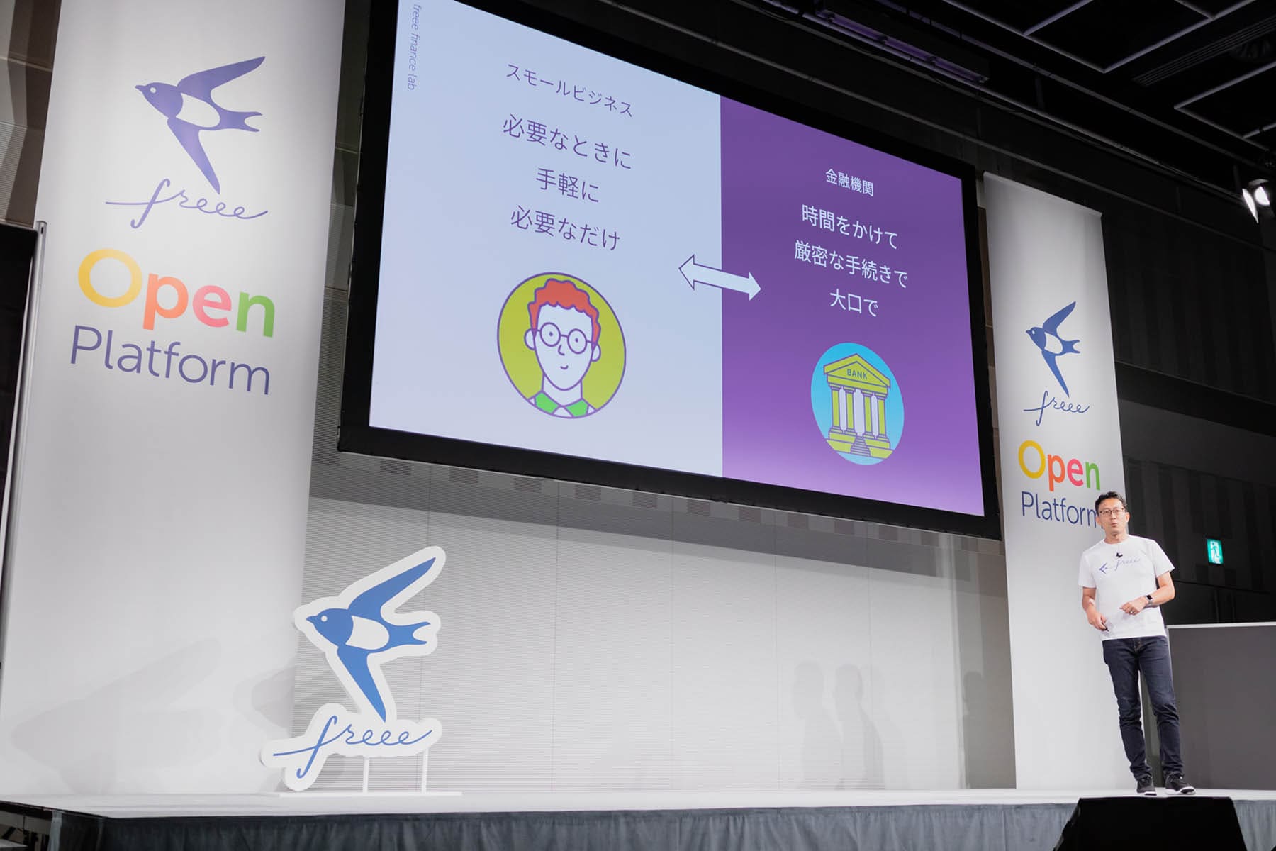 「freee 金融新サービス記者発表会」にてプレゼンするfreee finance lab株式会社 代表取締役の武地健太