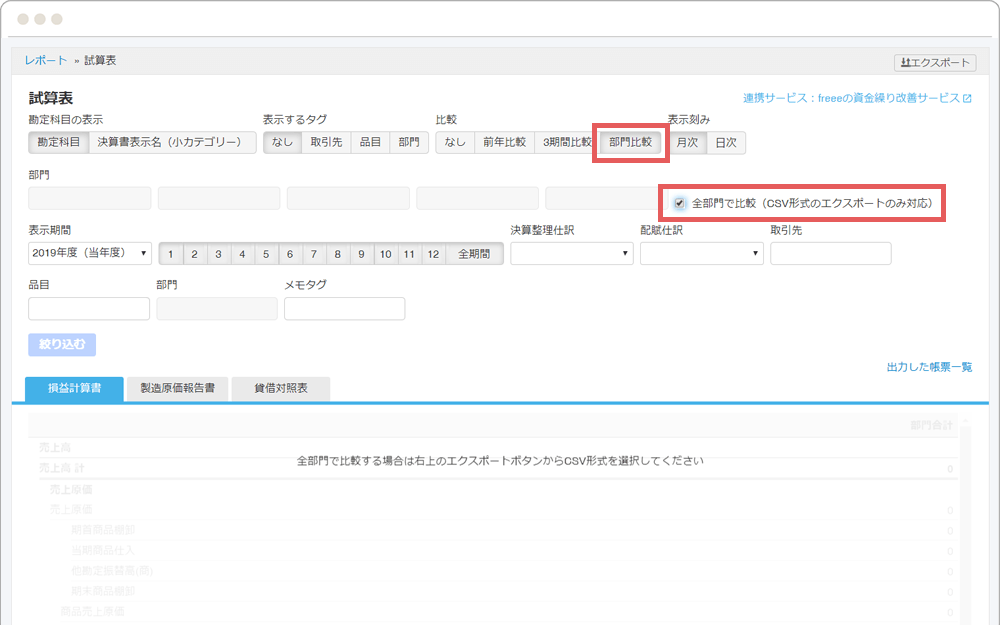 試算表・損益計算書の「部門比較」画面