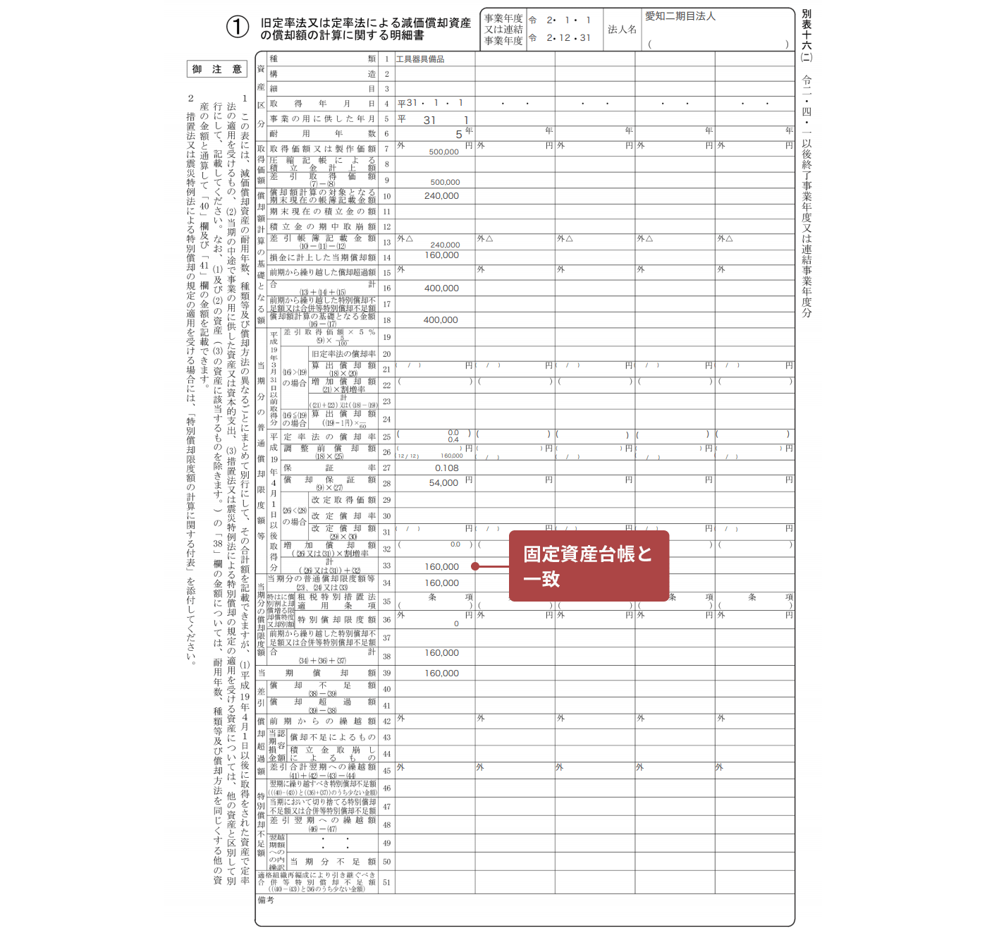 画面イメージ：別表十六（二）