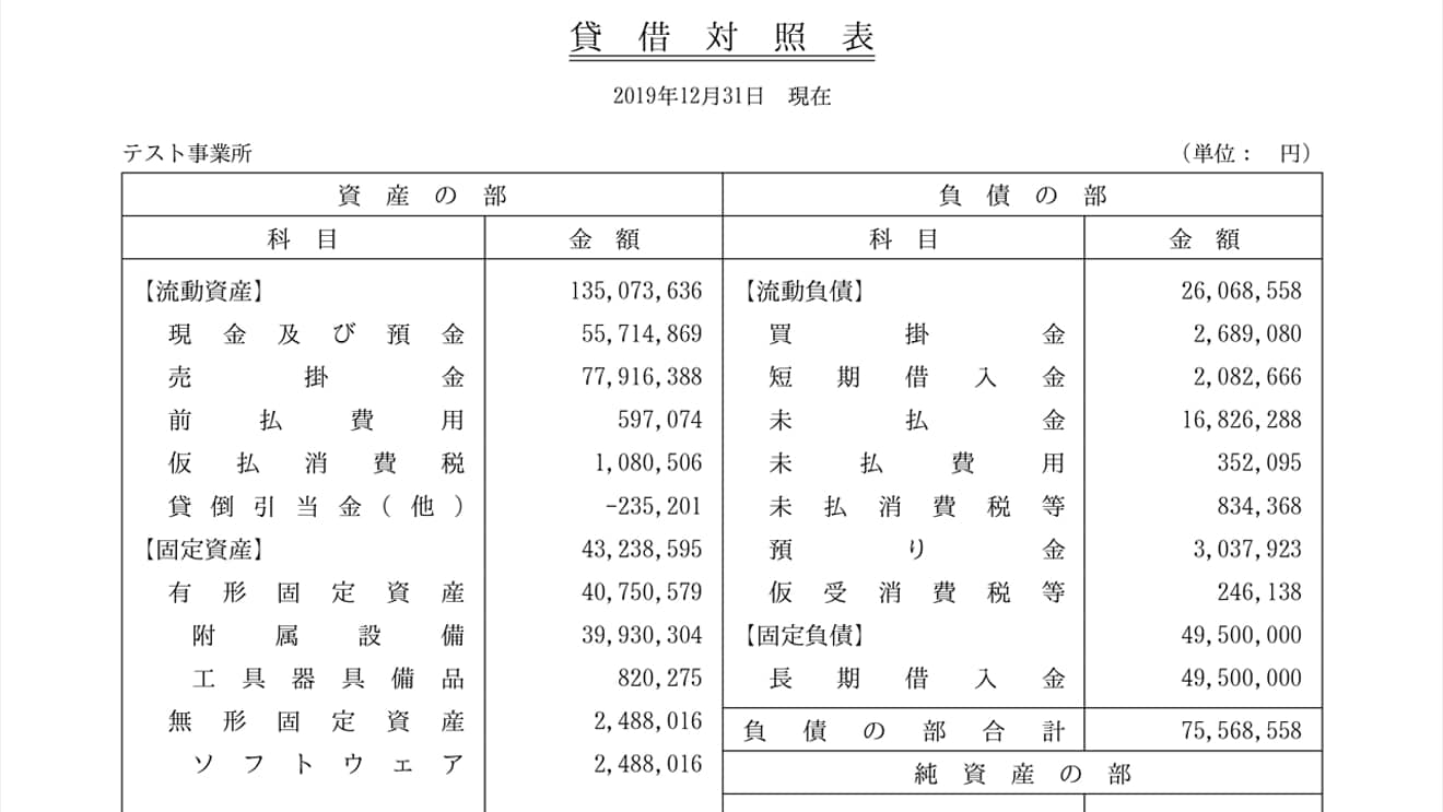 freee会計の貸借対照表出力イメージ