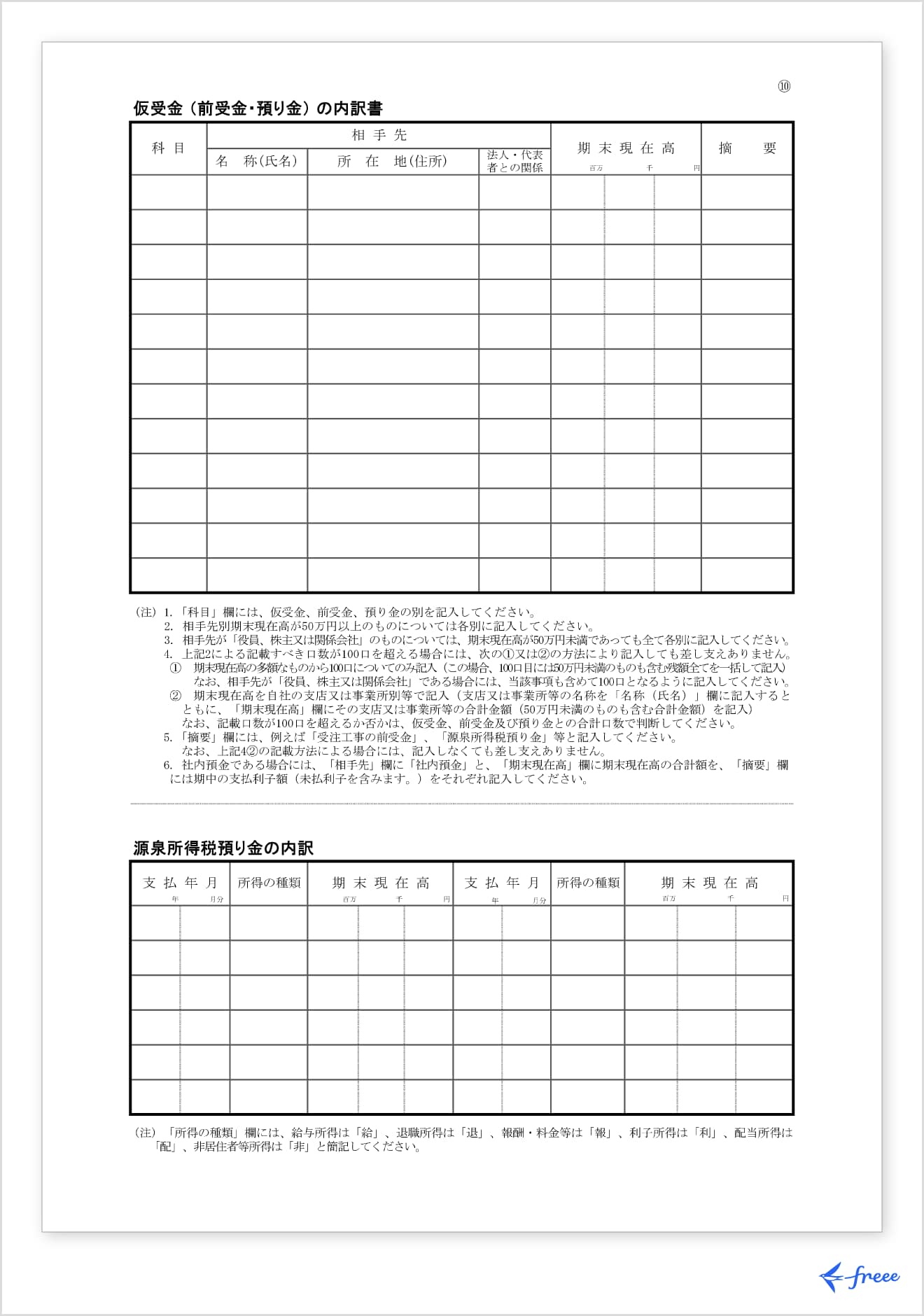 仮受金（前受金・預り金）の内訳書・源泉所得税預り金の内訳書