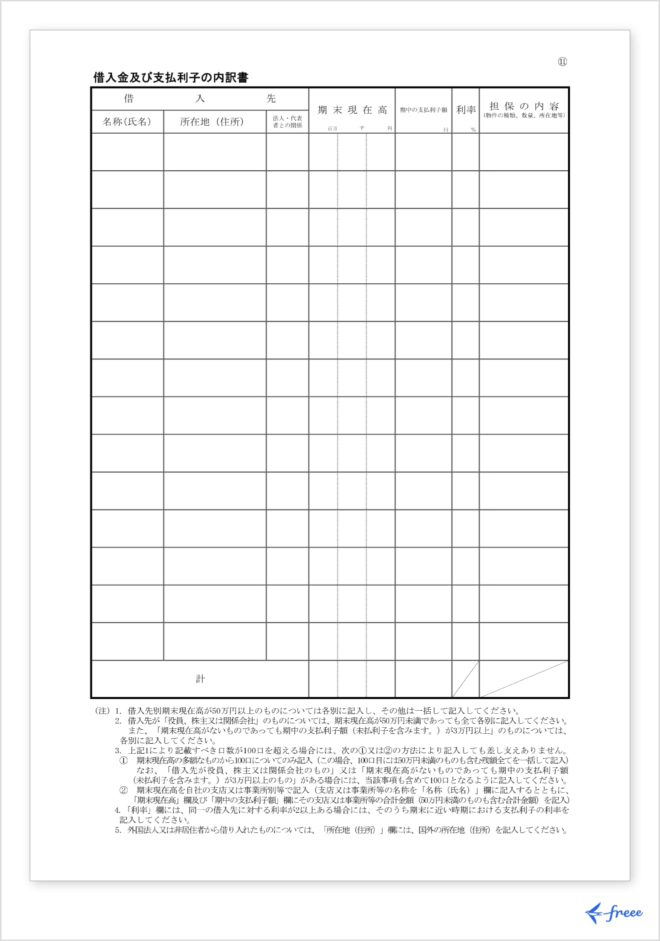 借入金及び支払利子の内訳書