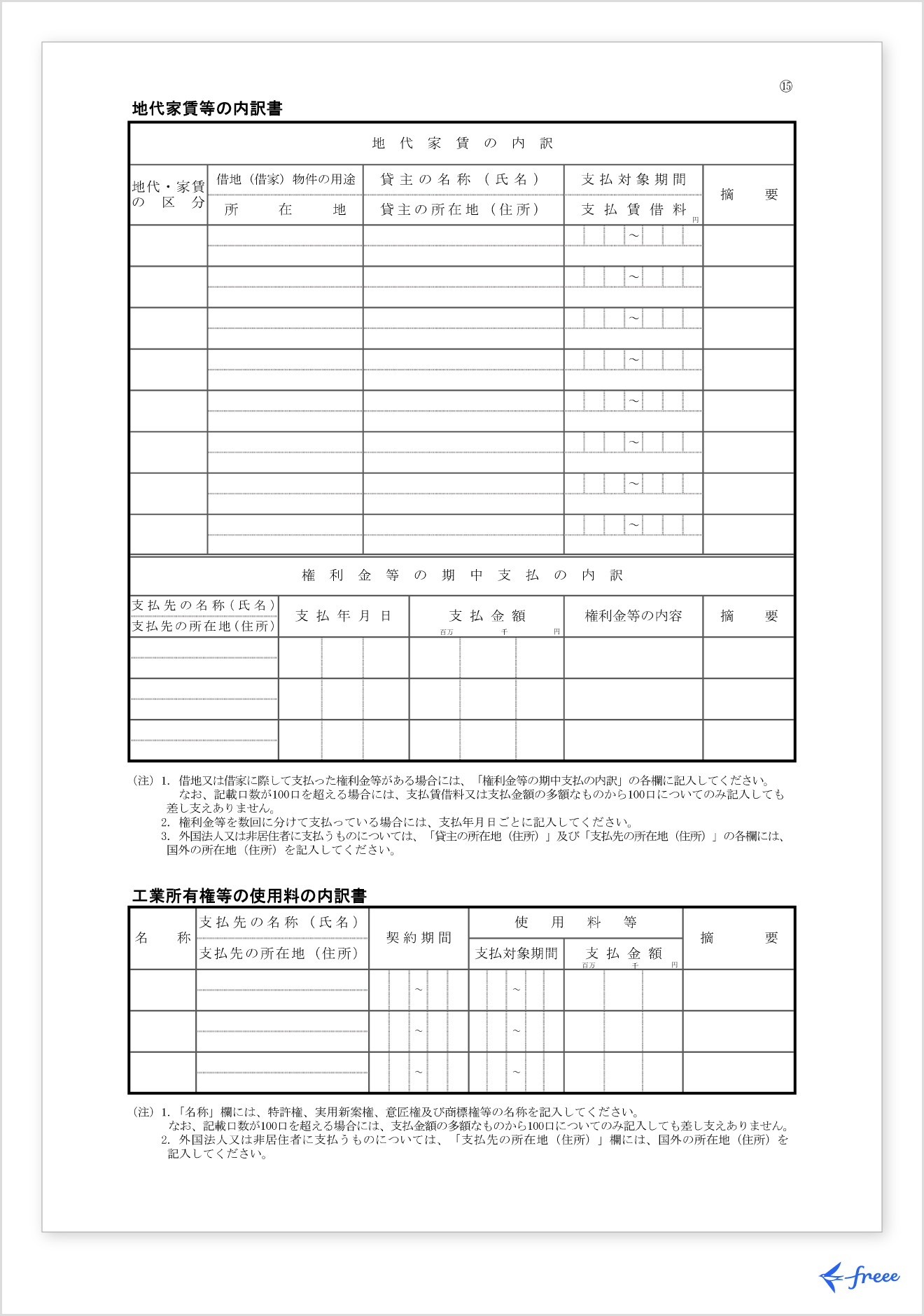 地代家賃等の内訳書・工業所有権等の使用料の内訳書