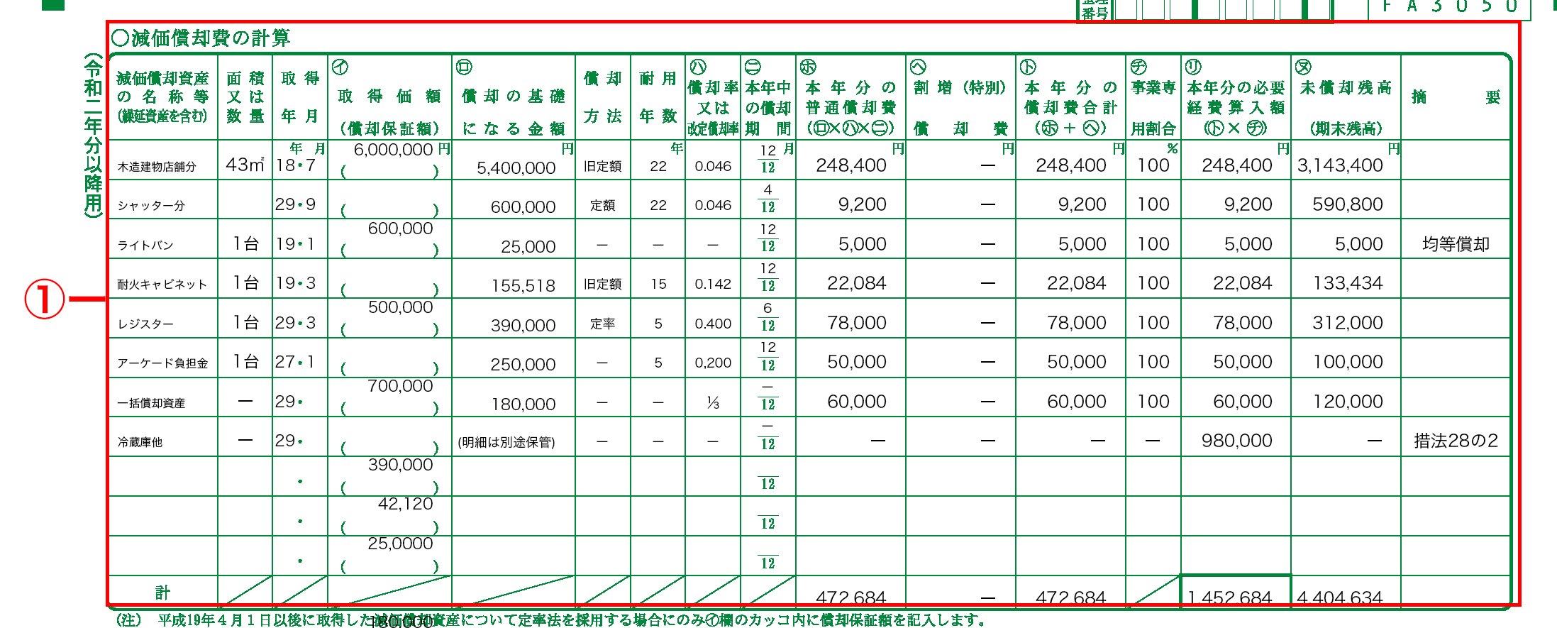 損益計算書 減価償却費の計算欄