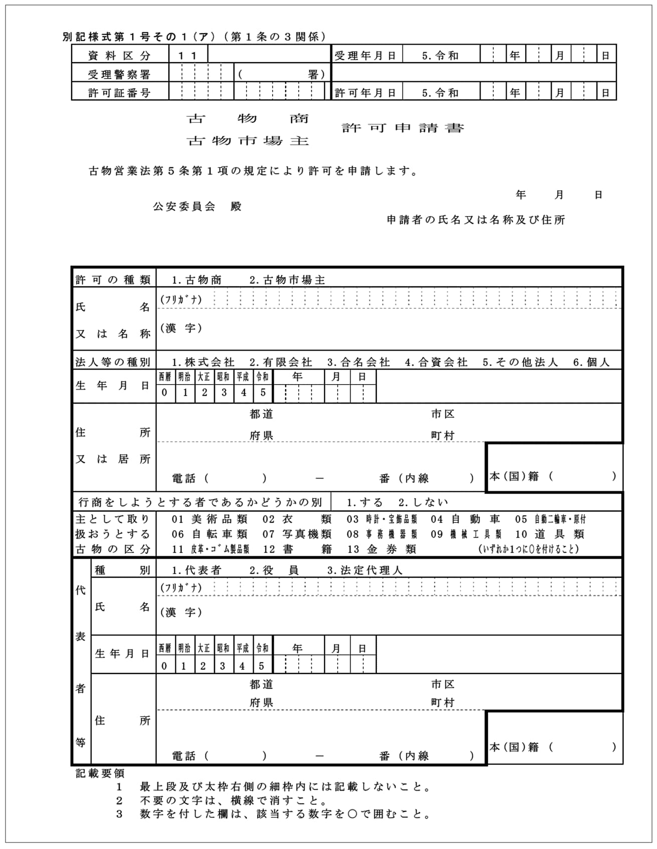 古物商許可申請書一式の見本