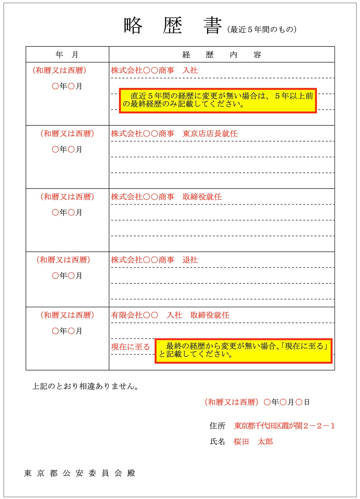 略歴書の見本