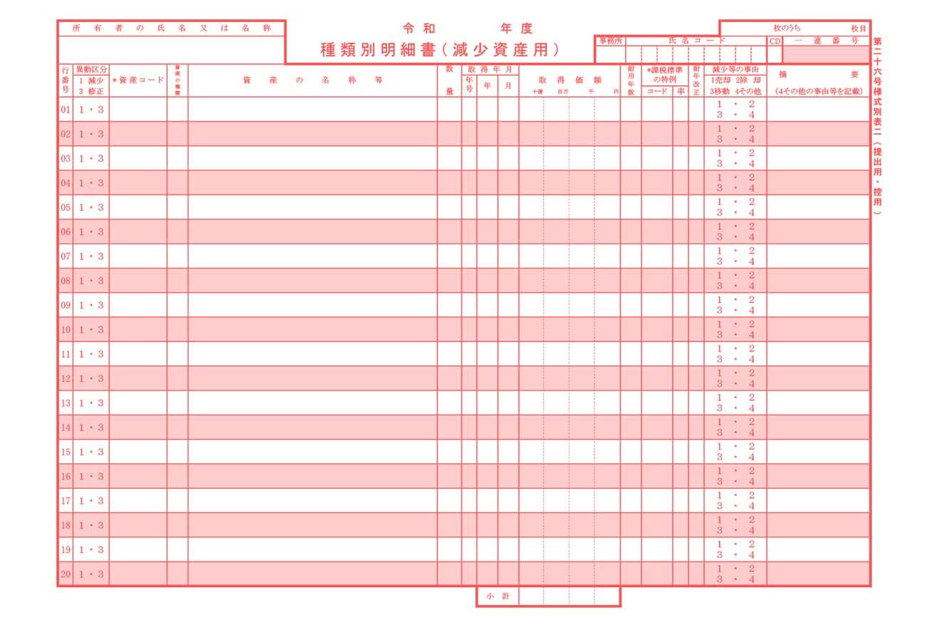 種類別明細表（減少資産）のサンプル