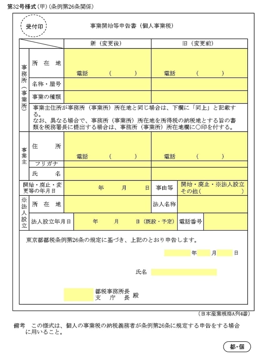 個人事業税の事業開始等申告書（東京都主税局より）