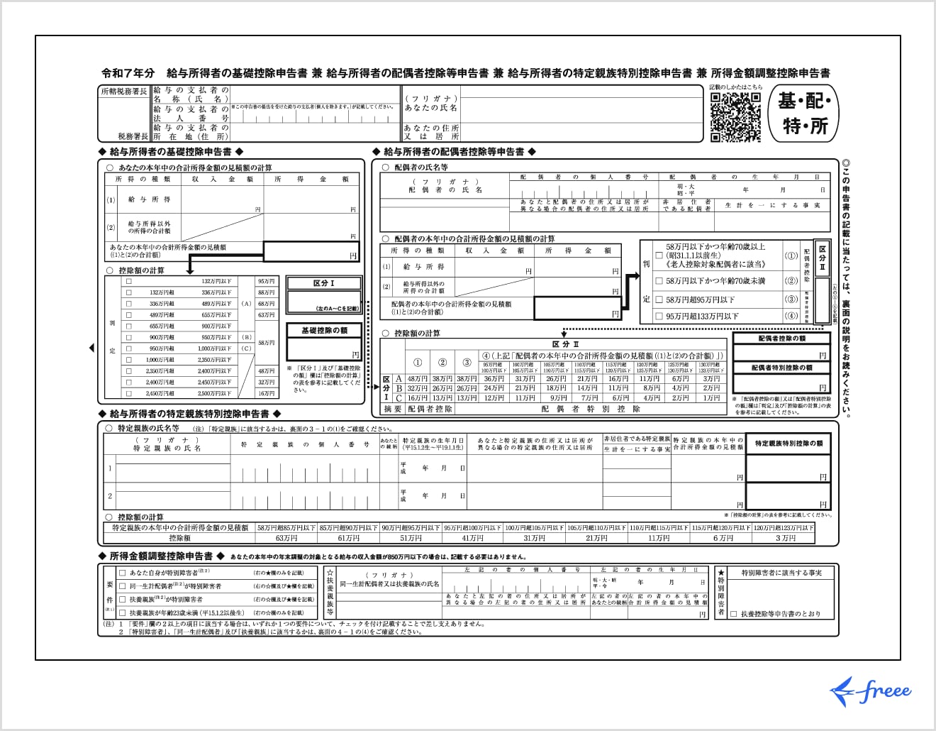 令和７年分給与所得者の基礎控除申告書兼給与所得者の配偶者控除等申告書兼給与所得者の特定親族特別控除申告書兼所得金額調整控除申告書