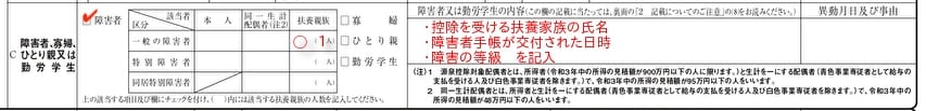 給与所得者の扶養控除等（異動）申告書の障がい者欄