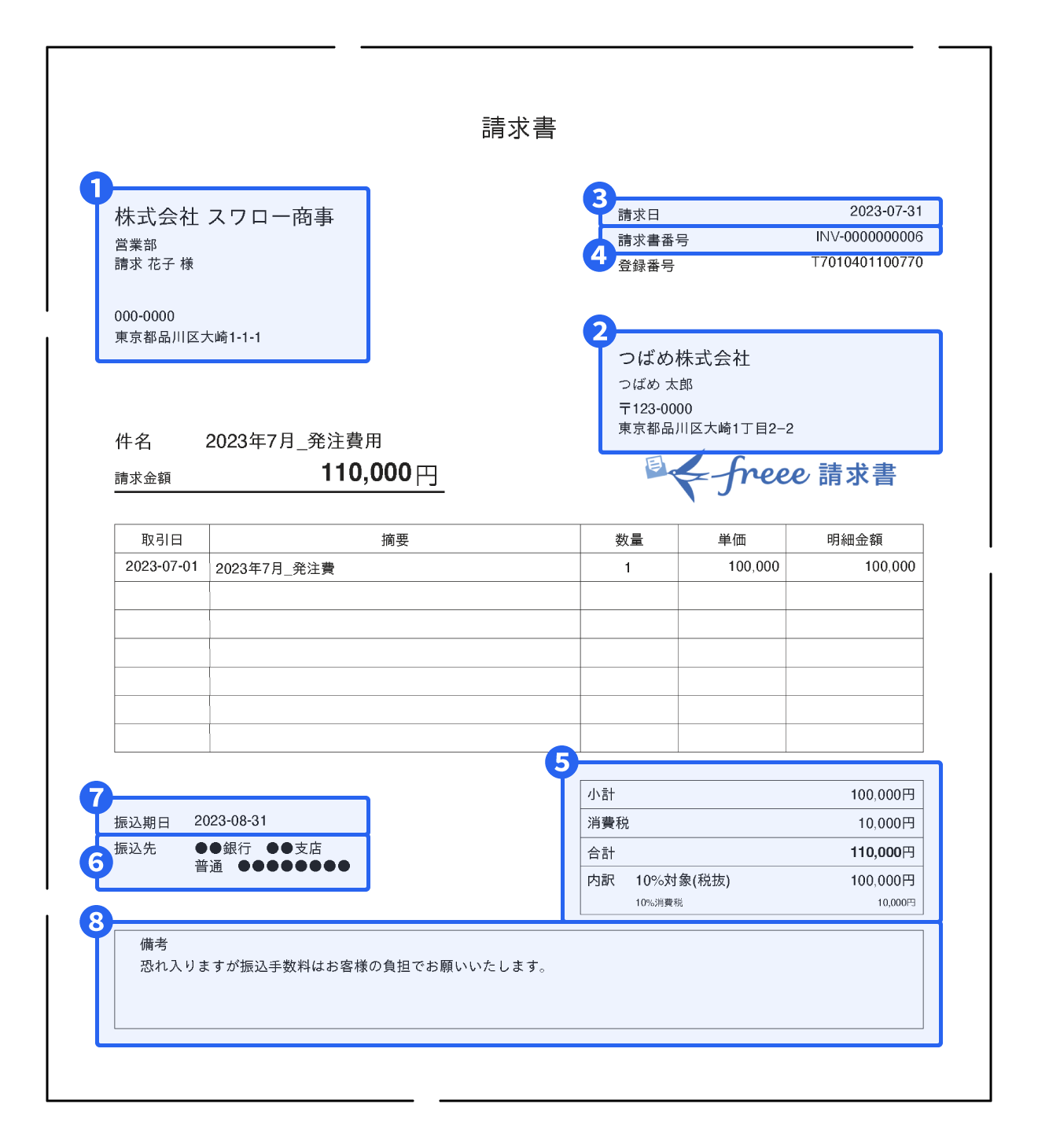 freee請求書で作成した請求書のサンプル画像