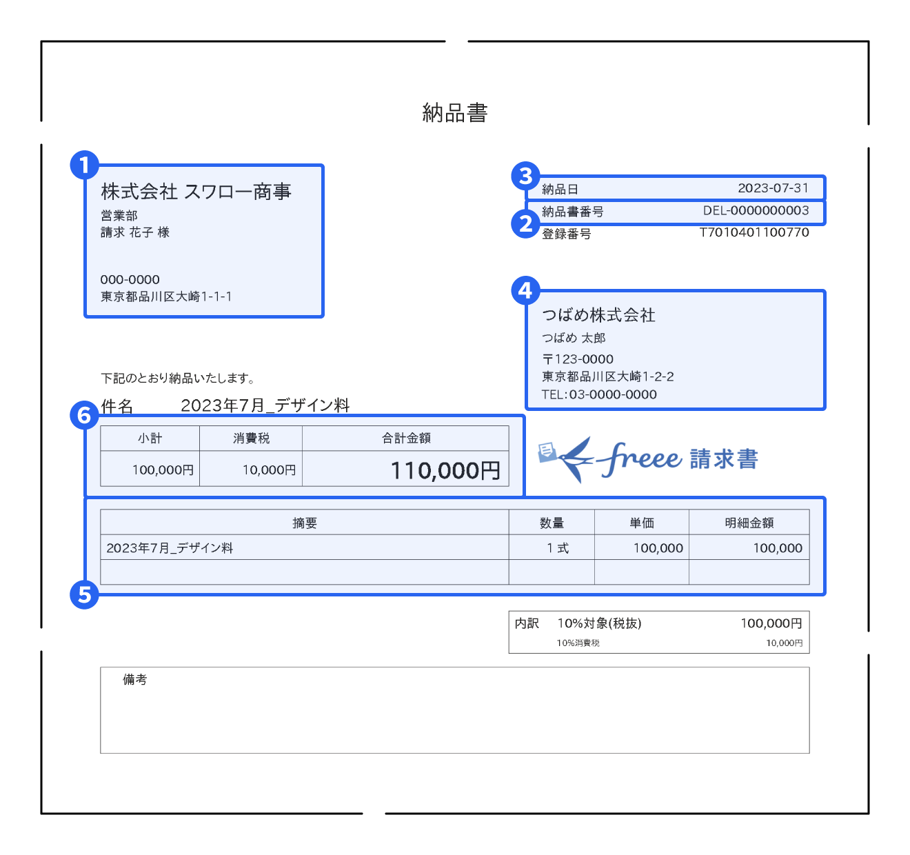 freee請求書で作成した納品書のサンプル画像