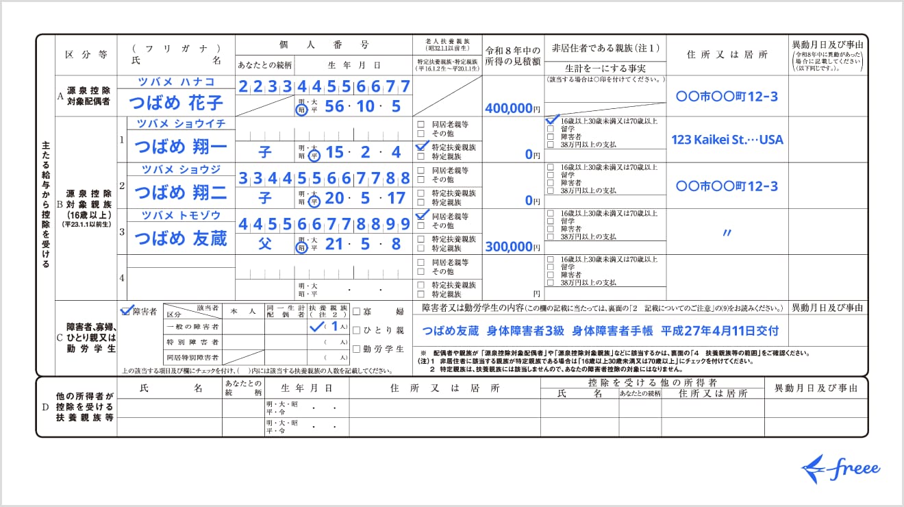令和8年分 給与所得者の扶養控除等申告書の記入例