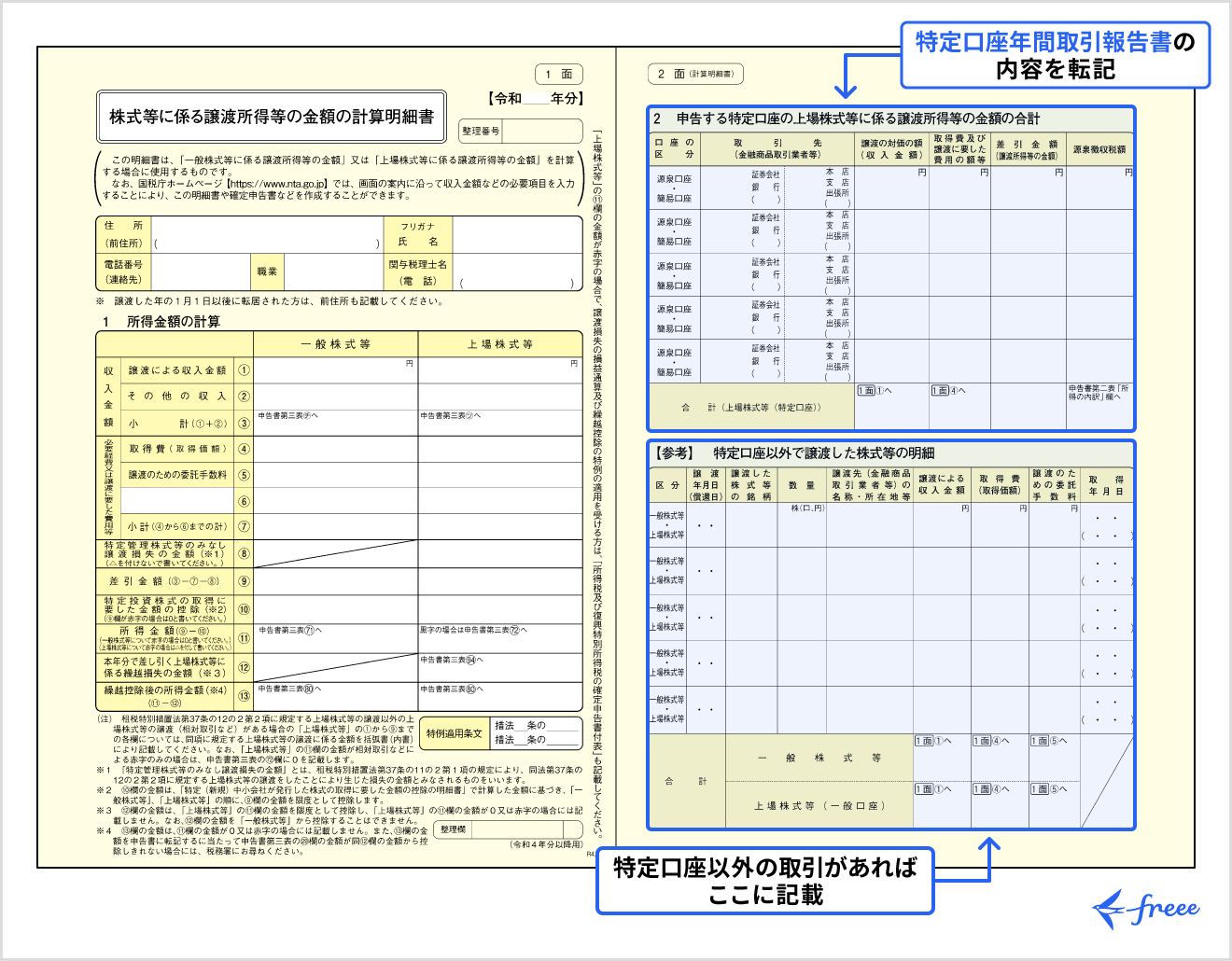 株式等に係る譲渡所得等の金額の計算明細書の書き方