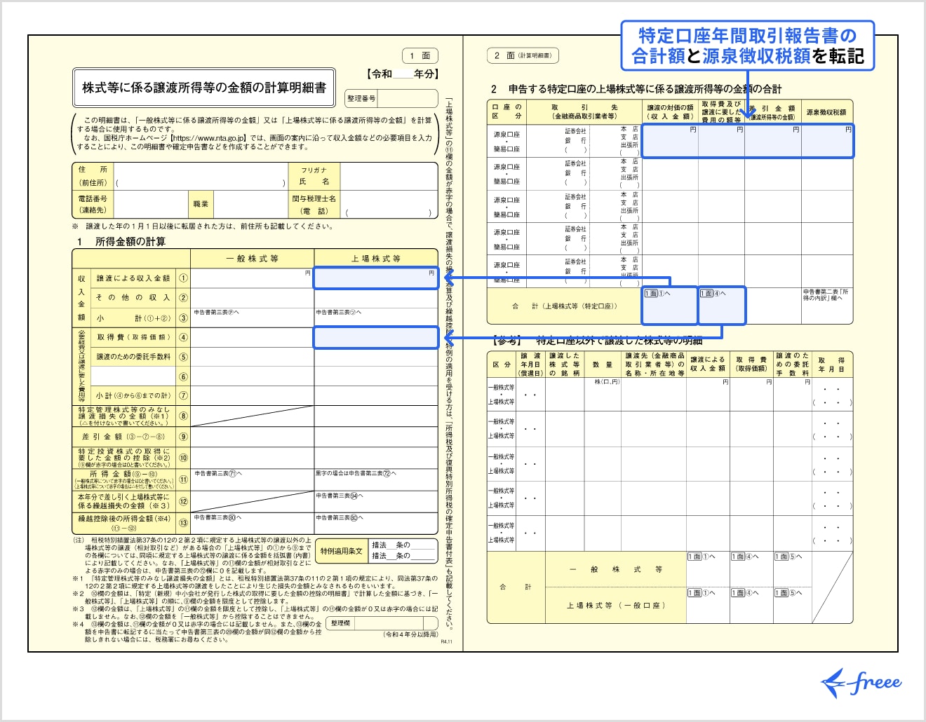 株式等に係る譲渡所得等の金額の計算明細書の書き方