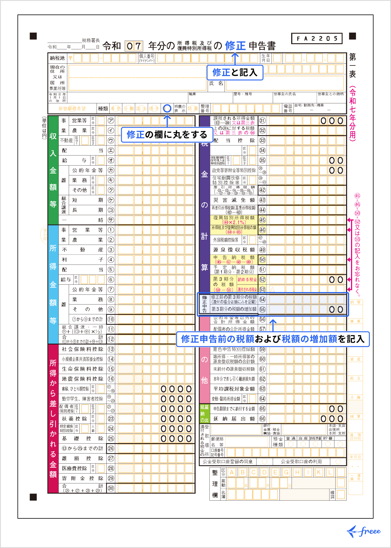 修正申告書 第一表の書き方