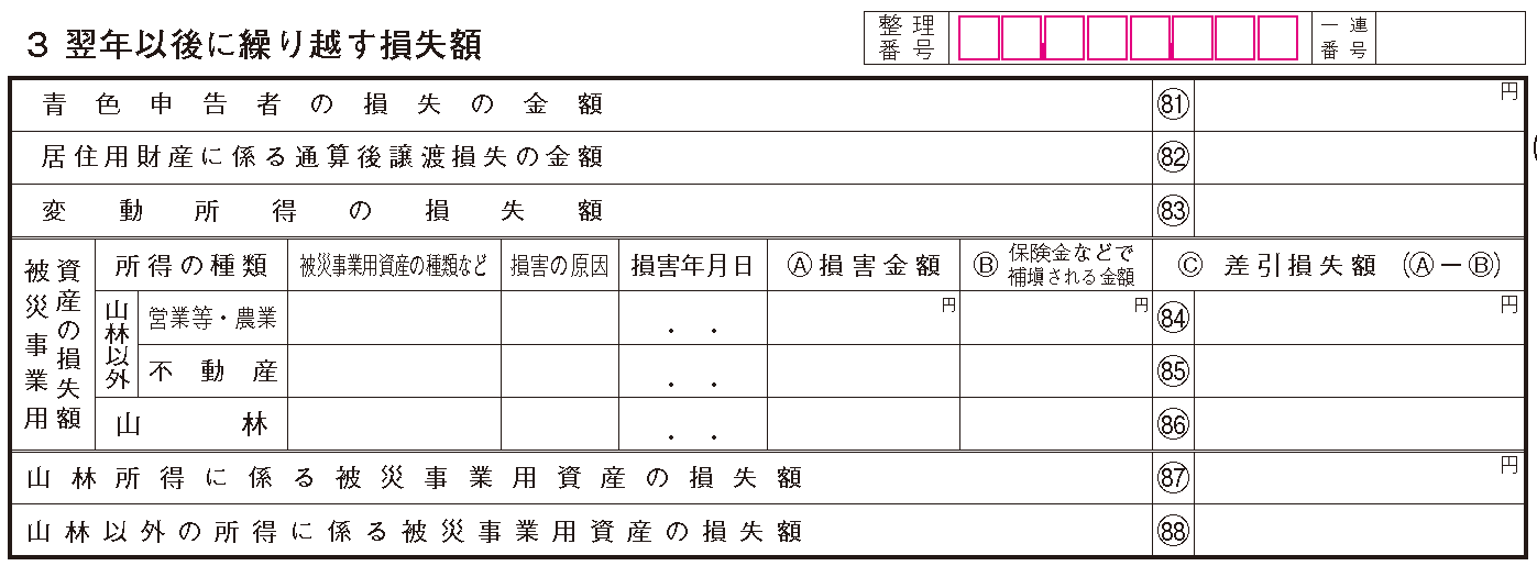 確定申告書 第四表「翌年以後に繰り越す損失額」