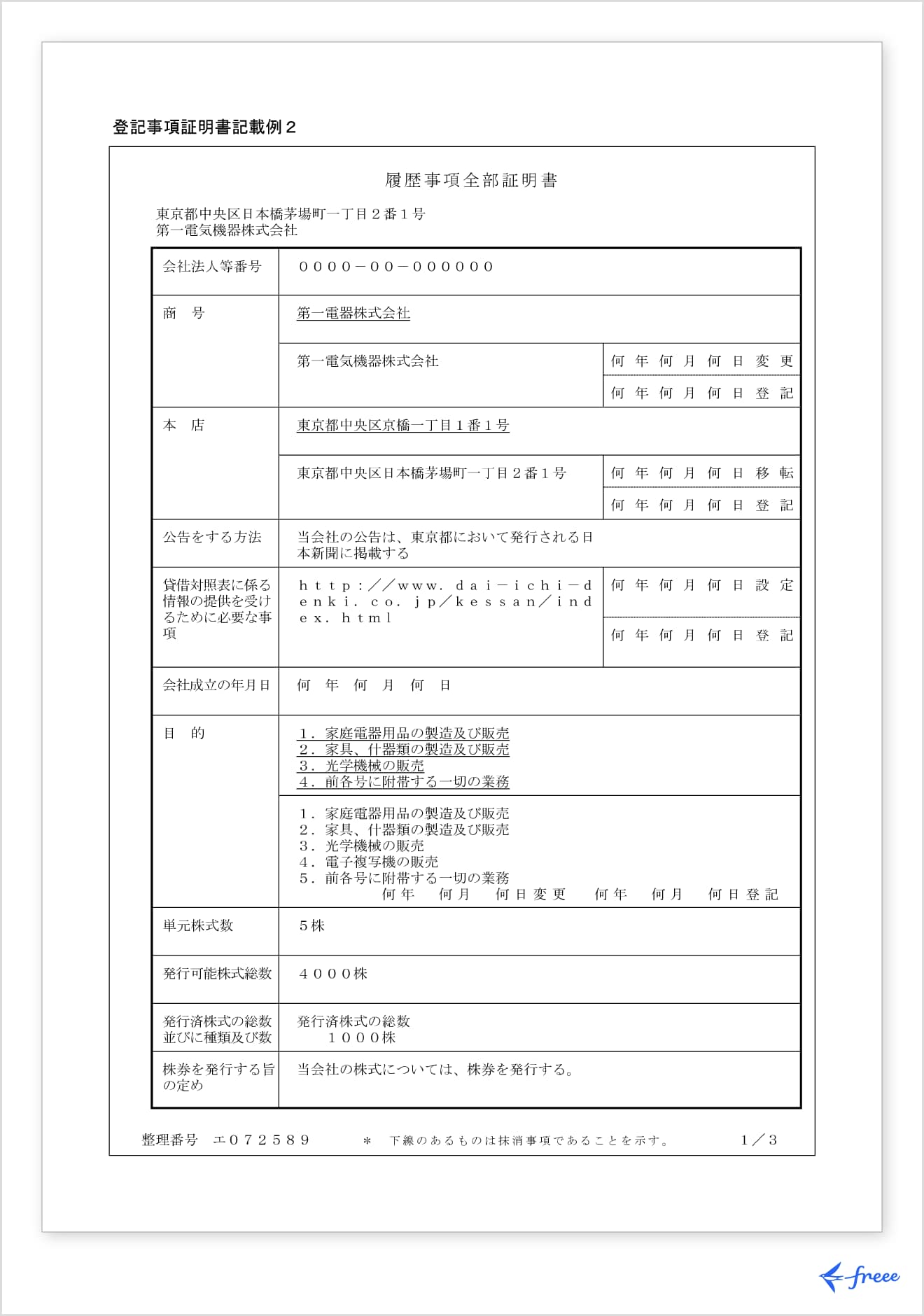 登記事項証明書記載例