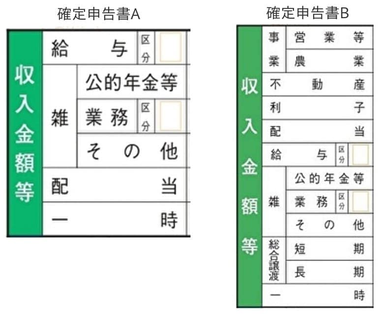 確定申告書ABの収入金額等記入箇所