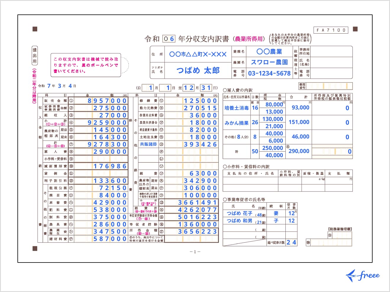 農業所得用収支内訳書1ページ