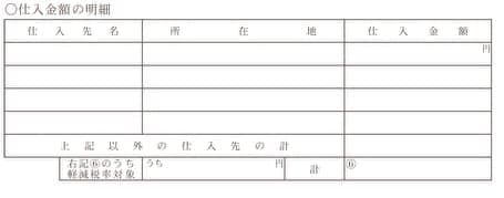 収支内訳書の仕入金額の明細記入箇所