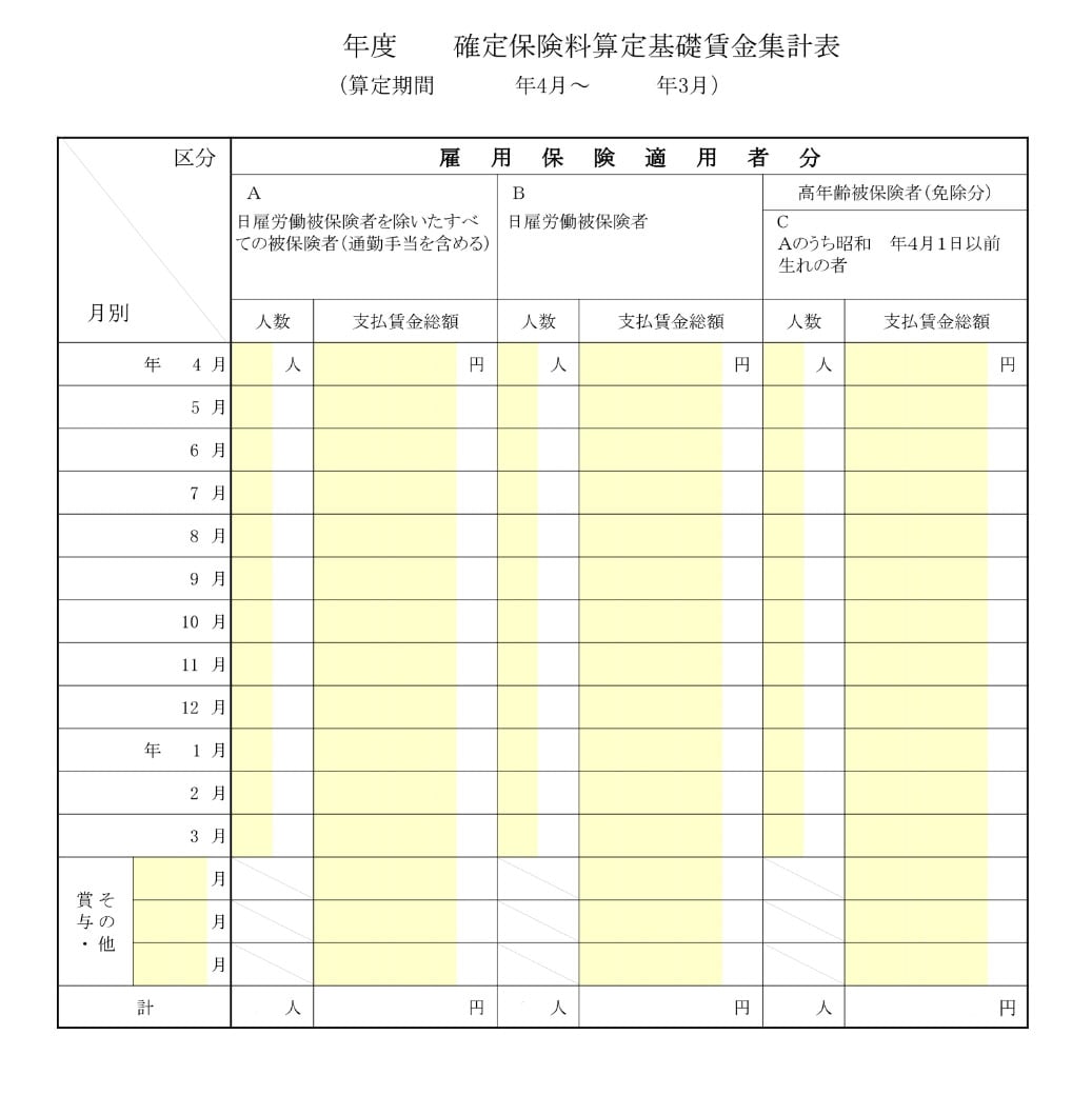 確定保険料算定基礎賃金集計表