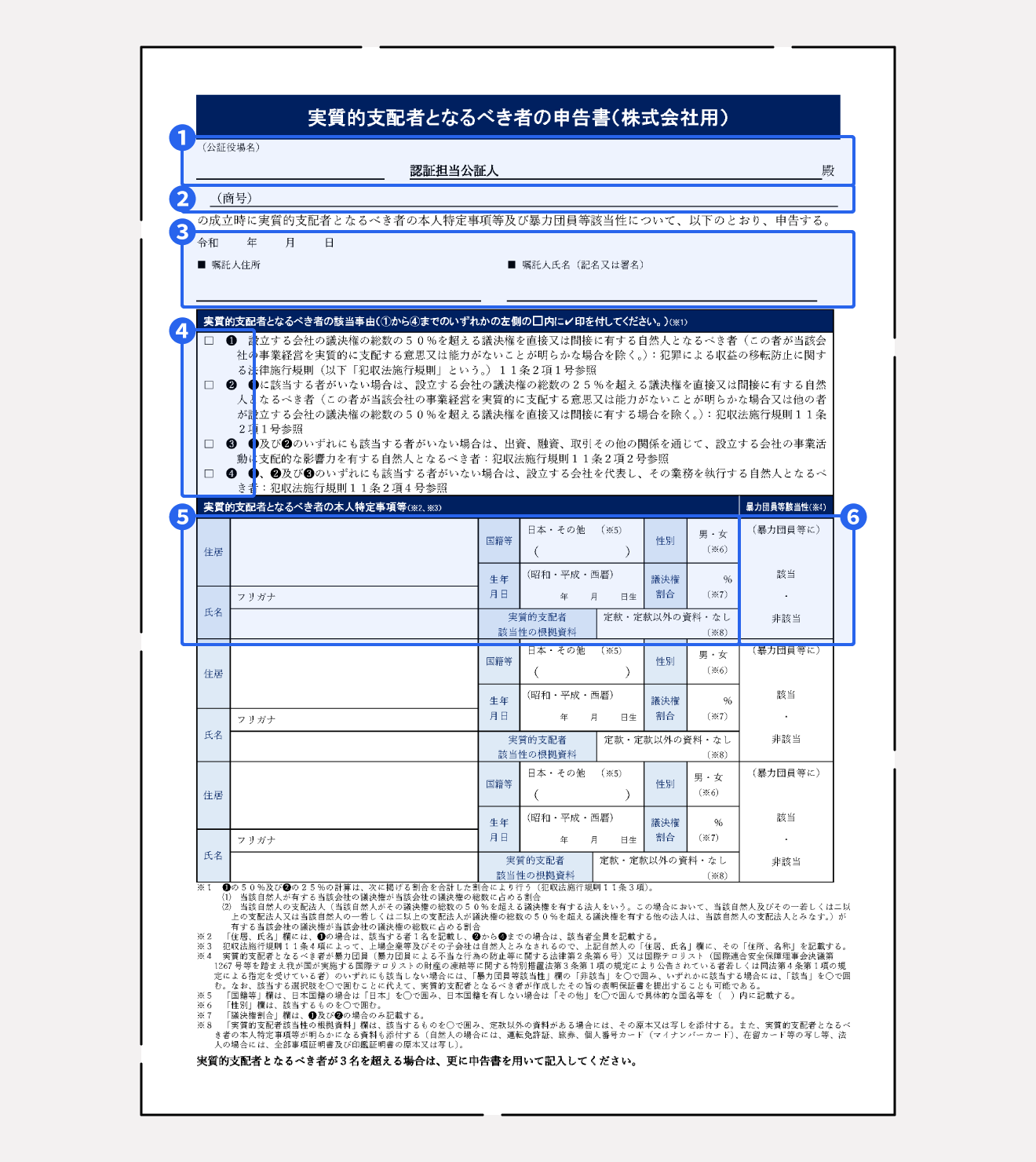 実質的支配者となるべき者の申告書の記入例