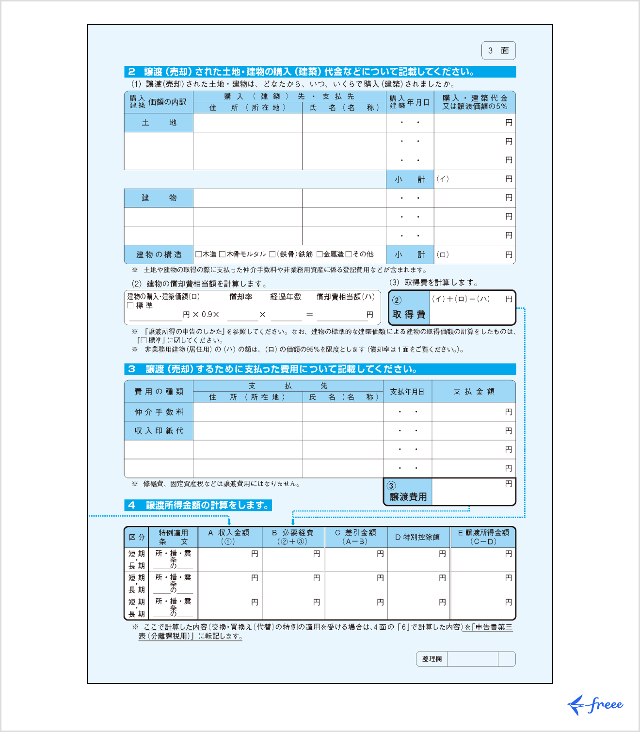 譲渡所得の内訳書 3面に記載する内容
