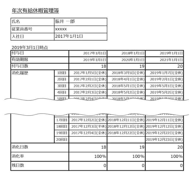 年次有給休暇管理簿の例