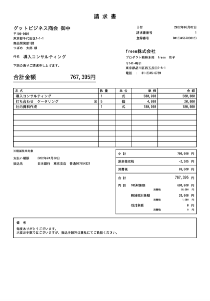 作成された請求書の例