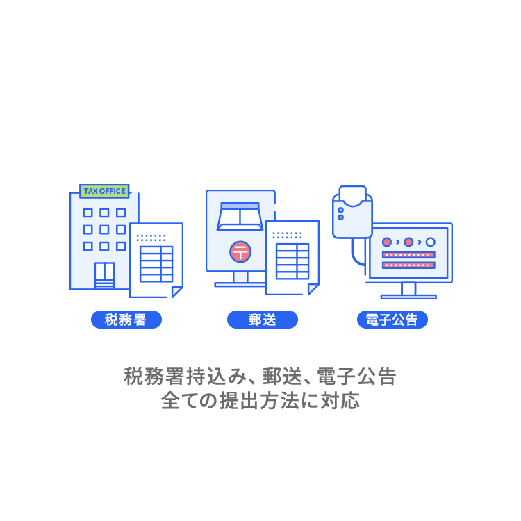 税務署持ち込み、郵送、電子広告全ての提出方法に対応
