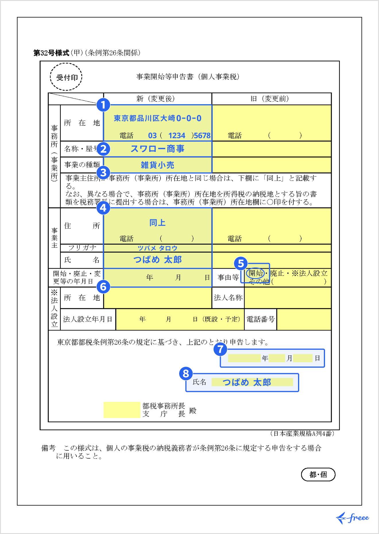 事業開始等申告書の記入例（東京都）