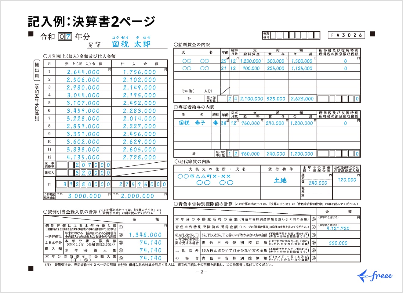 決算書2ページ目の記入れ例