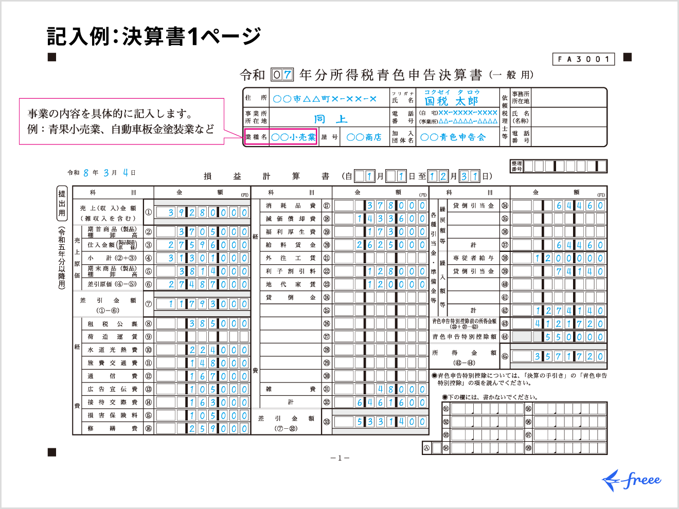 決算書1ページ目の記入例