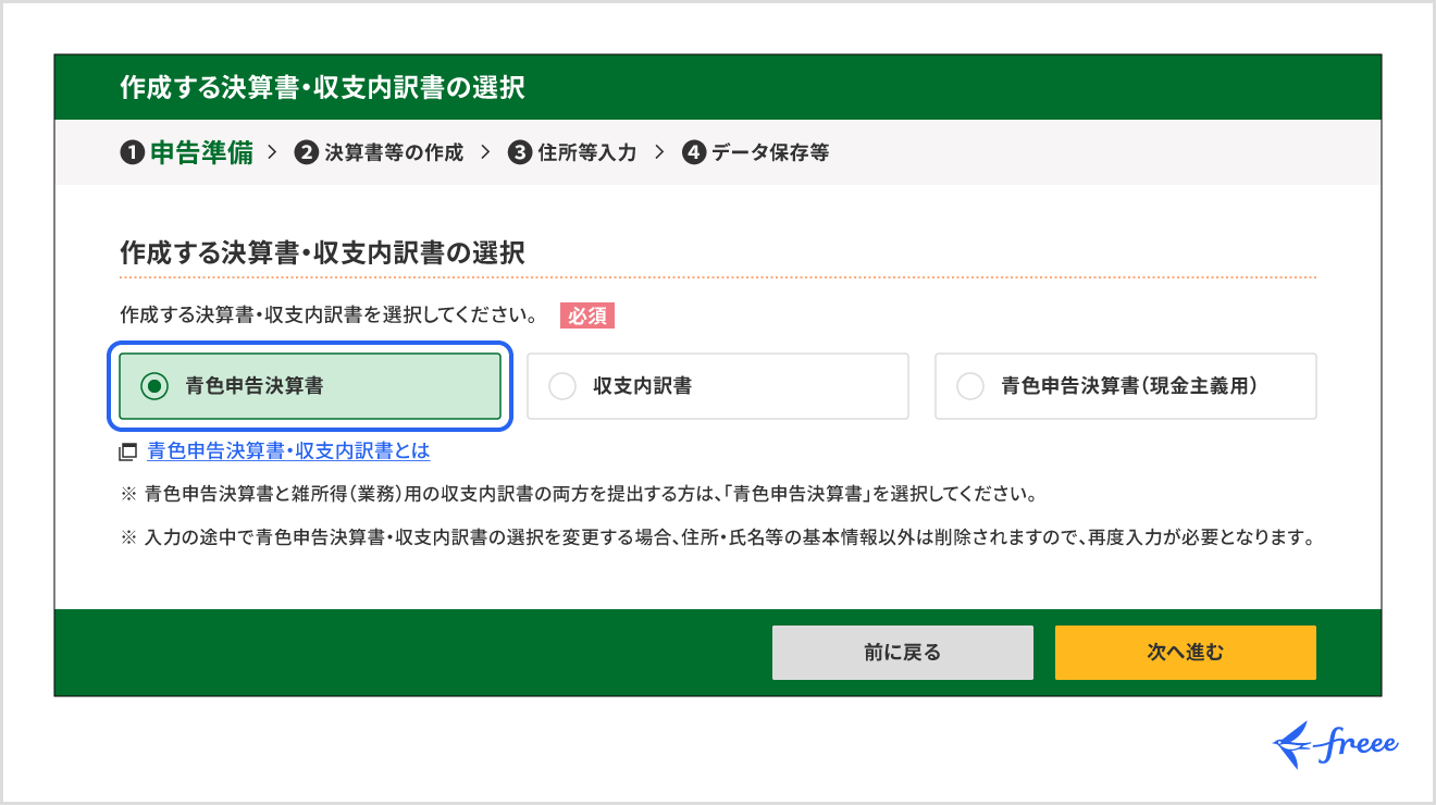 確定申告書作成コーナー「作成する決算書・収支内訳書の選択」