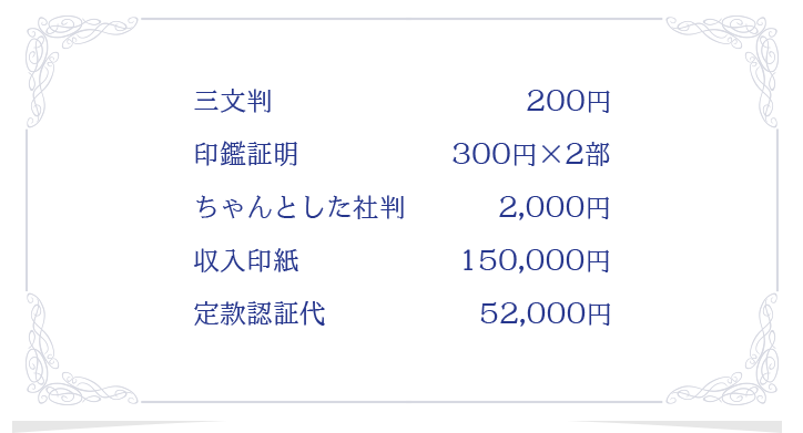 ・三文判　200円・印鑑証明　300円×2部・ちゃんとした社判　2,000円・収入印紙　150,000円・定款認証代　52,000円