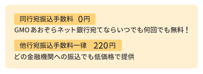 初期・月額 0円 固定費なし/同行宛て0円 GMOあおぞらネット銀行宛  なら、いつでも何回でも無料！/他校宛て一律220円 どの金融機関への振込でも圧倒的な低価格で提供