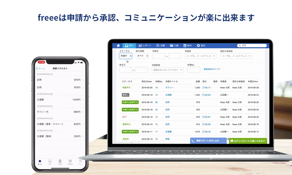 freeeは申請から承認、コミュニケーシ�ョンが楽に出来ます