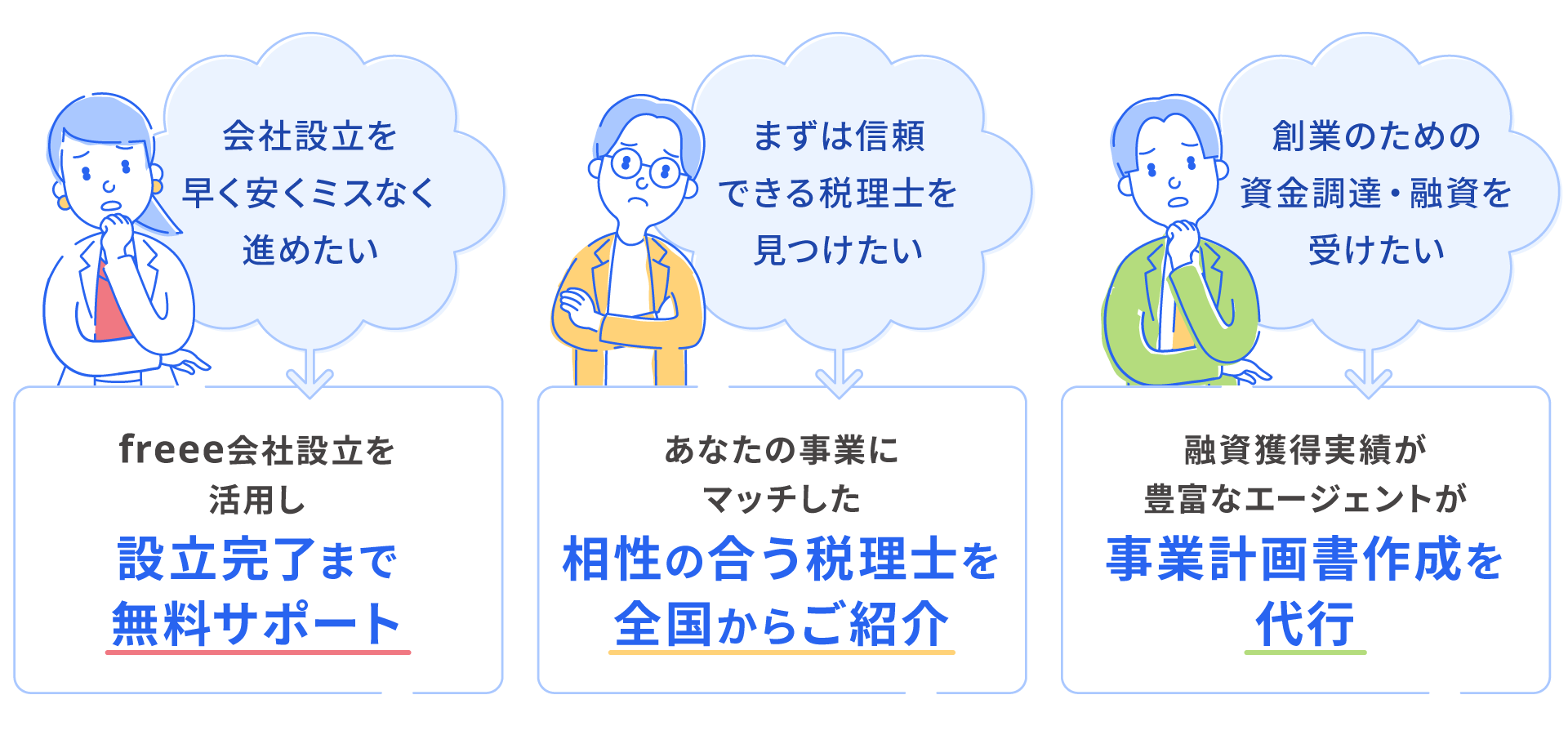 会社設立を早く安くミスなく進めたい→freee会社設立を活用し設立完了まで無料サポート まずは信頼できる税理士を見つけたい→あなたの事業にマッチした相性の合う税理士を全国からご紹介 創業のための資金調達・融資を受けたい→融資獲得実績が豊富なエージェントが事業計画書作成を代行