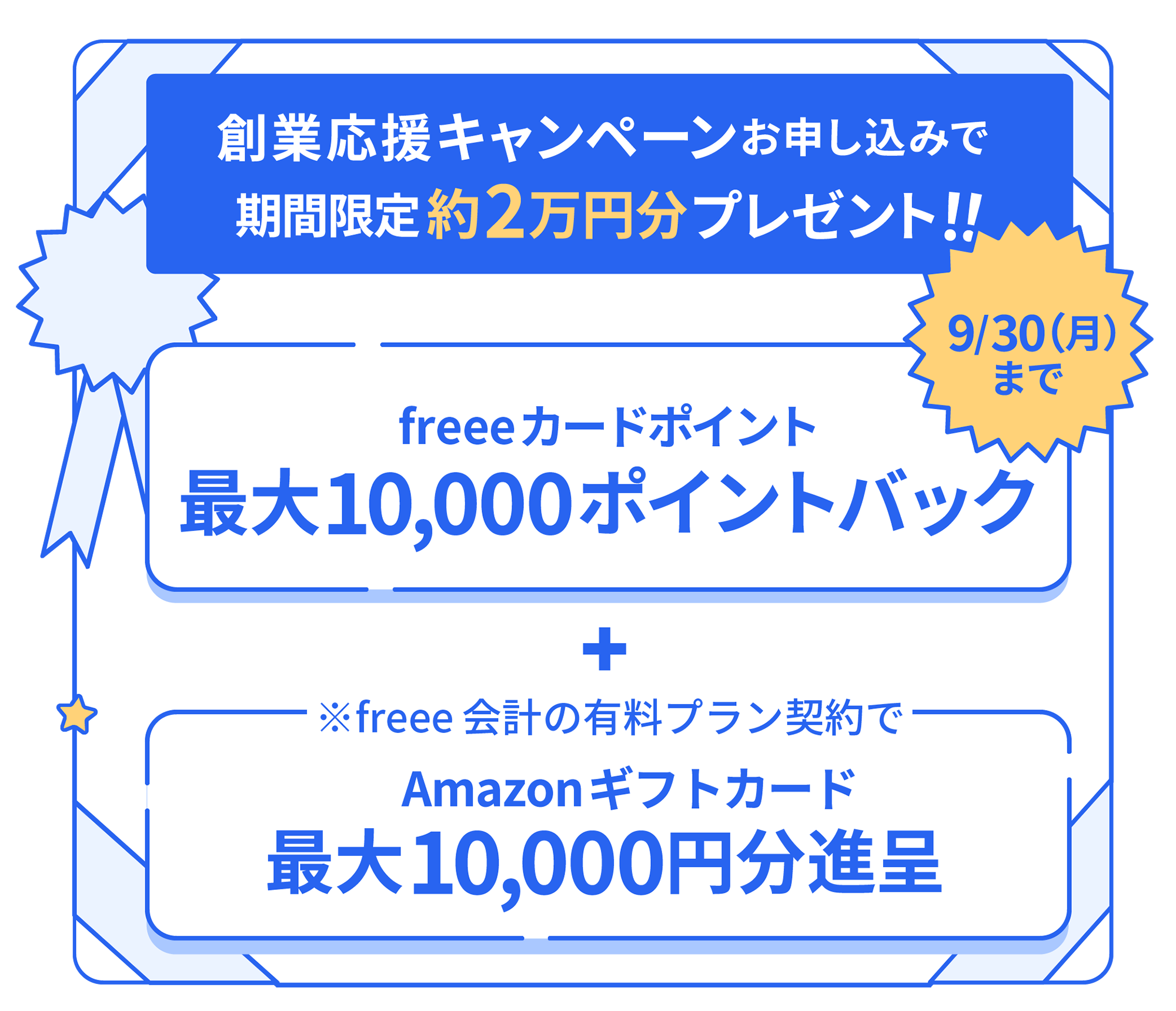 創業応援キャンペーンお申し込みで期間限定約2万円分プレゼント！