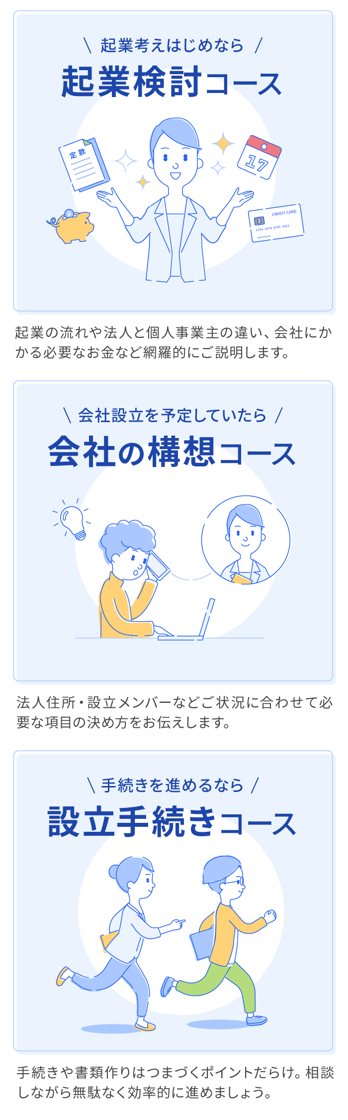 起業考えはじめなら 起業検討コース、会社設立を予定していたら 会社の構想コース、手続きを進めるなら 設立手続きコース