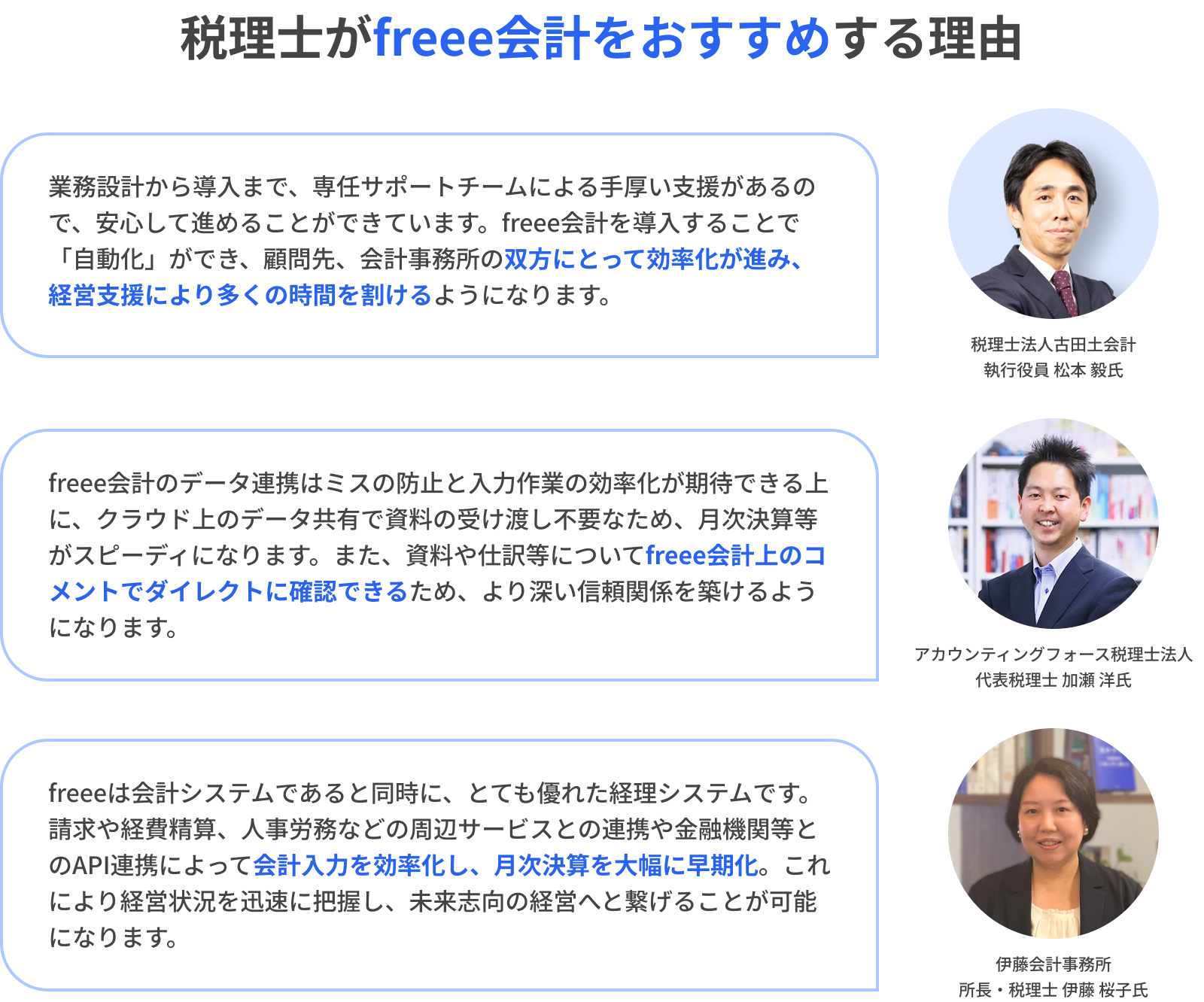 税理士がfreee会計をおすすめする理由 / freee会計のデータ連携はミスの防止と入力作業の効率化が期待できる上に、クラウド上のデータ共有で資料の受け渡し不要なため、月次決算等がスピーディになります。また、資料や仕訳等についてfreee会計上のコメントでダイレクトに確認できるため、より深い信頼関係を築けるようになります。 税理士法人古田土会計 執行役員 松本 毅氏 / freee会計のデータ連携はミスの防止と入力作業の効率化が期待できる上に、クラウド上のデータ共有で資料の受け渡し不要なため、月次決算等がスピーディになります。また、資料や仕訳等についてfreee会計上のコメントでダイレクトに確認できるため、より深い信頼関係を築けるようになります。 アカウンティングフォース税理士法人 代表税理士 加瀬 洋氏 / freeeは会計システムであると同時に、とても優れた経理システムです。請求や経費精算、人事労務などの周辺サービスとの連携や金融機関等とのAPI連携によって会計入力を効率化し、月次決算を大幅に早期化。これにより経営状況を迅速に把握し、未来志向の経営へと繋げることが可能になります。 伊藤会計事務所 所長・税理士 伊藤 桜子氏