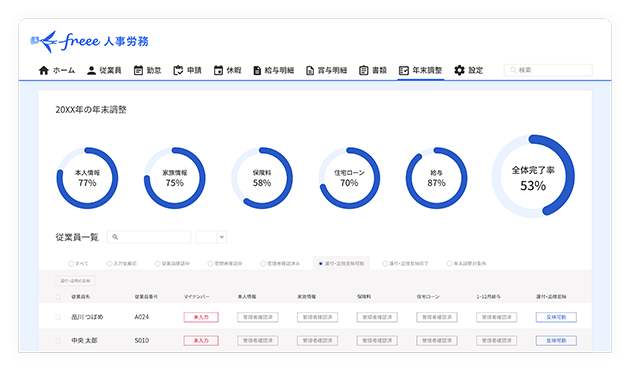 freee人事労務 年末調整画面