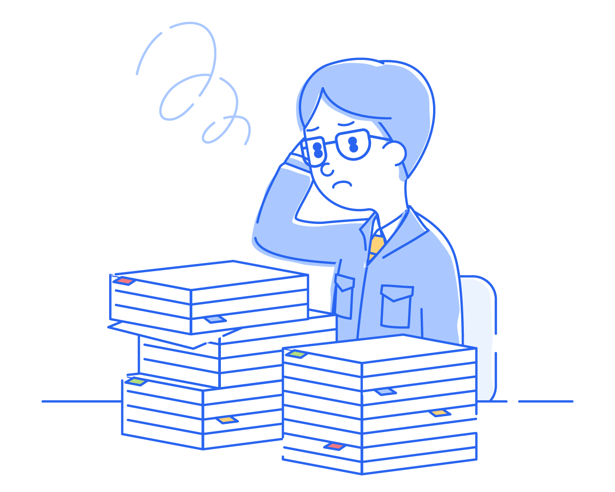 手入力や書類確認に追われる従来の経理業務のイメージ