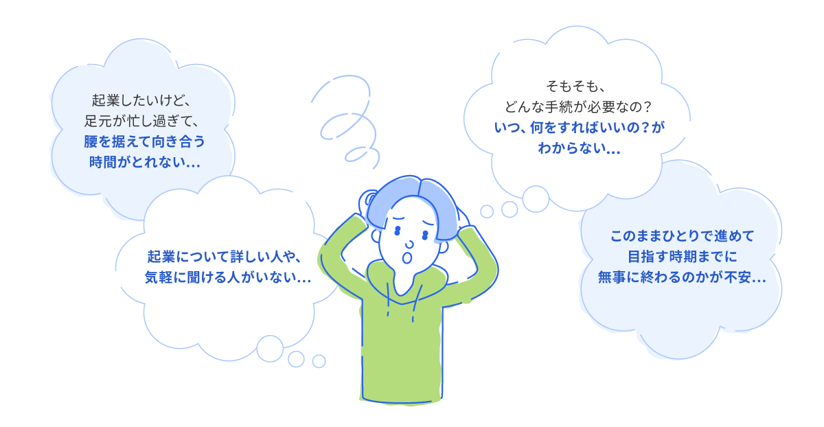 起業したいけど、足元が忙し過ぎて、腰を据えて向き合う時間がとれない。そもそも、どんな手続が必要なの？いつ、何をすればいいの？がわからない。起業について詳しい人や、気軽に聞ける人がいない。このままひとりで進めて目指す時期までに無事に終わるのかが不安。