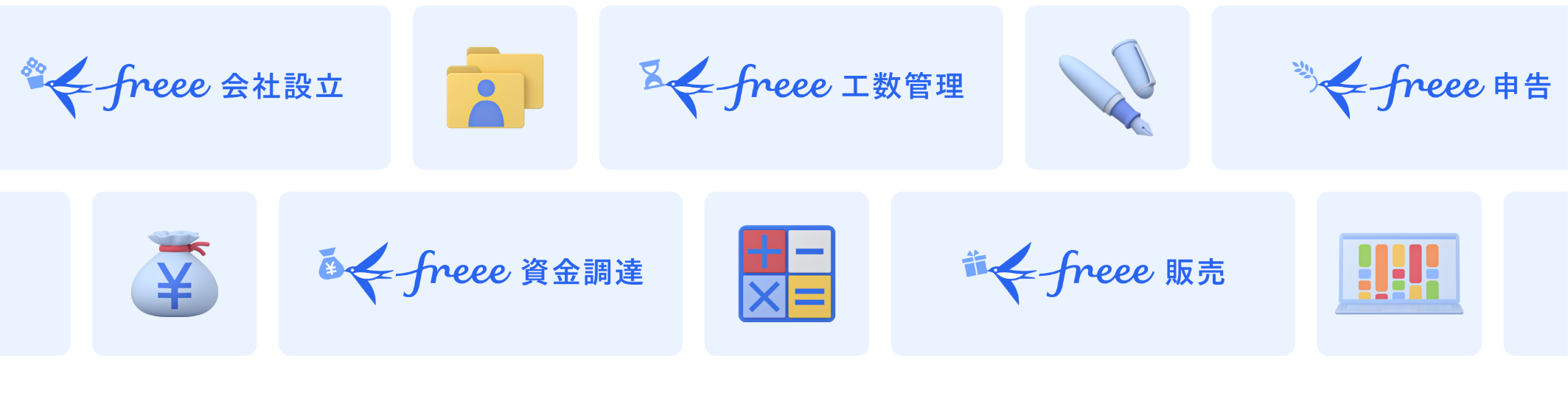 freee会社設立 freee工数管理 freee申告 freee資金調達 freee販売