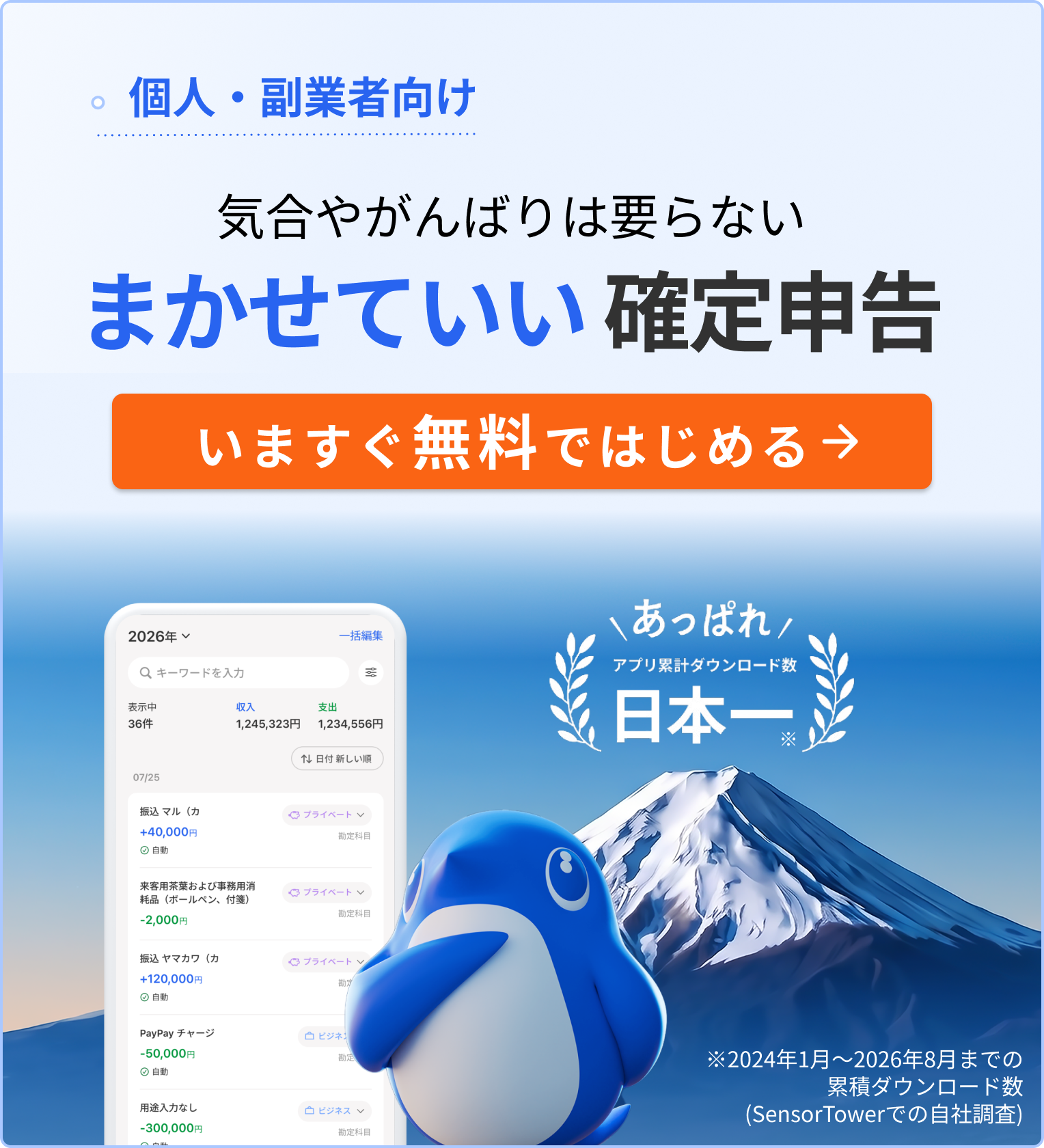 個人・副業者向け 気合やがんばりは要らない まかせていい確定申告 いますぐ無料ではじめる あっぱれ アプリ累計ダウンロード数 日本一 ※2024年1月〜2026年8月までの累積ダウンロード数（SensorTowerでの自社調査）